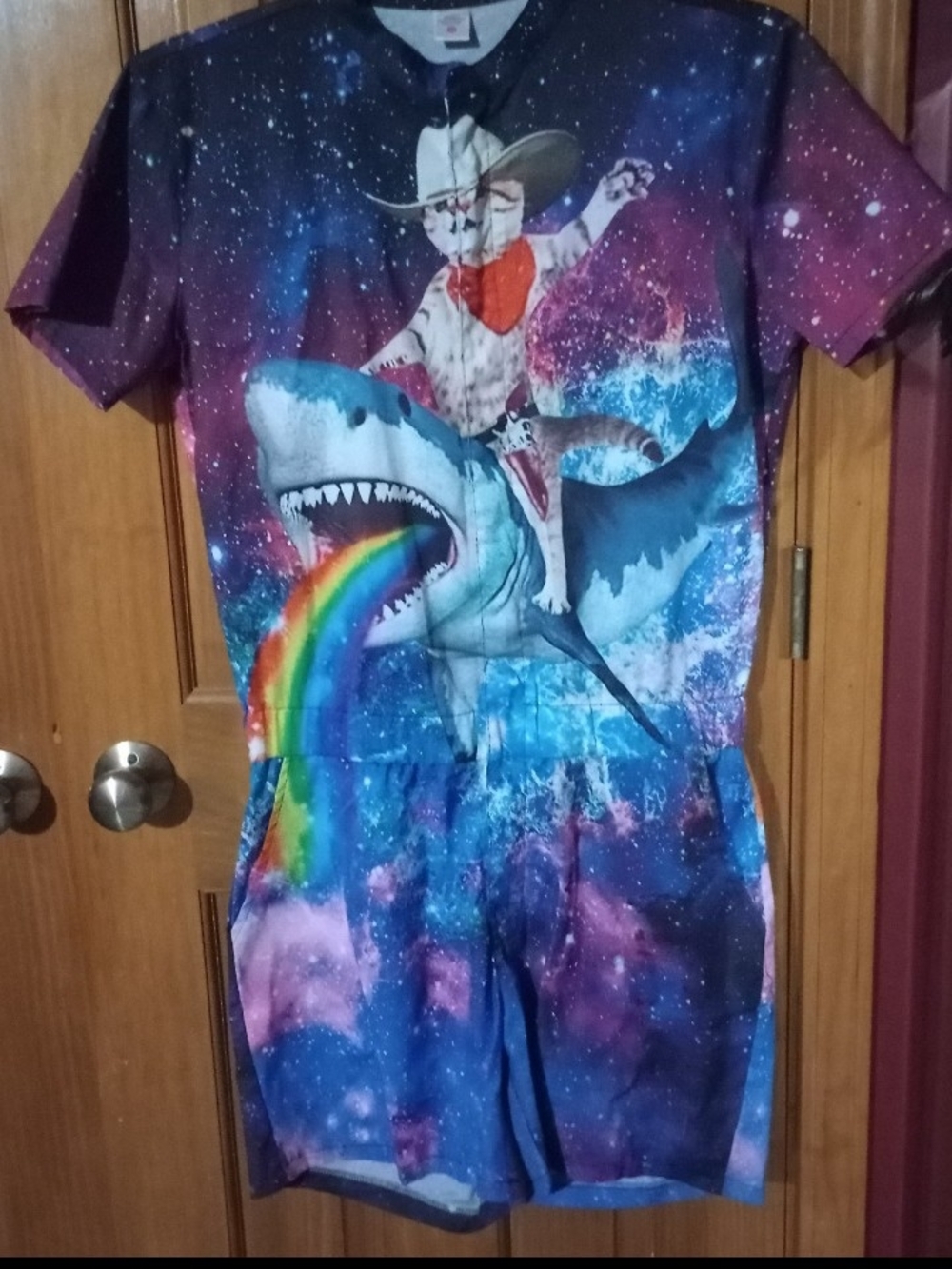 Rainbow Shark Cowboy Cat Shorts Romper - Multicolor